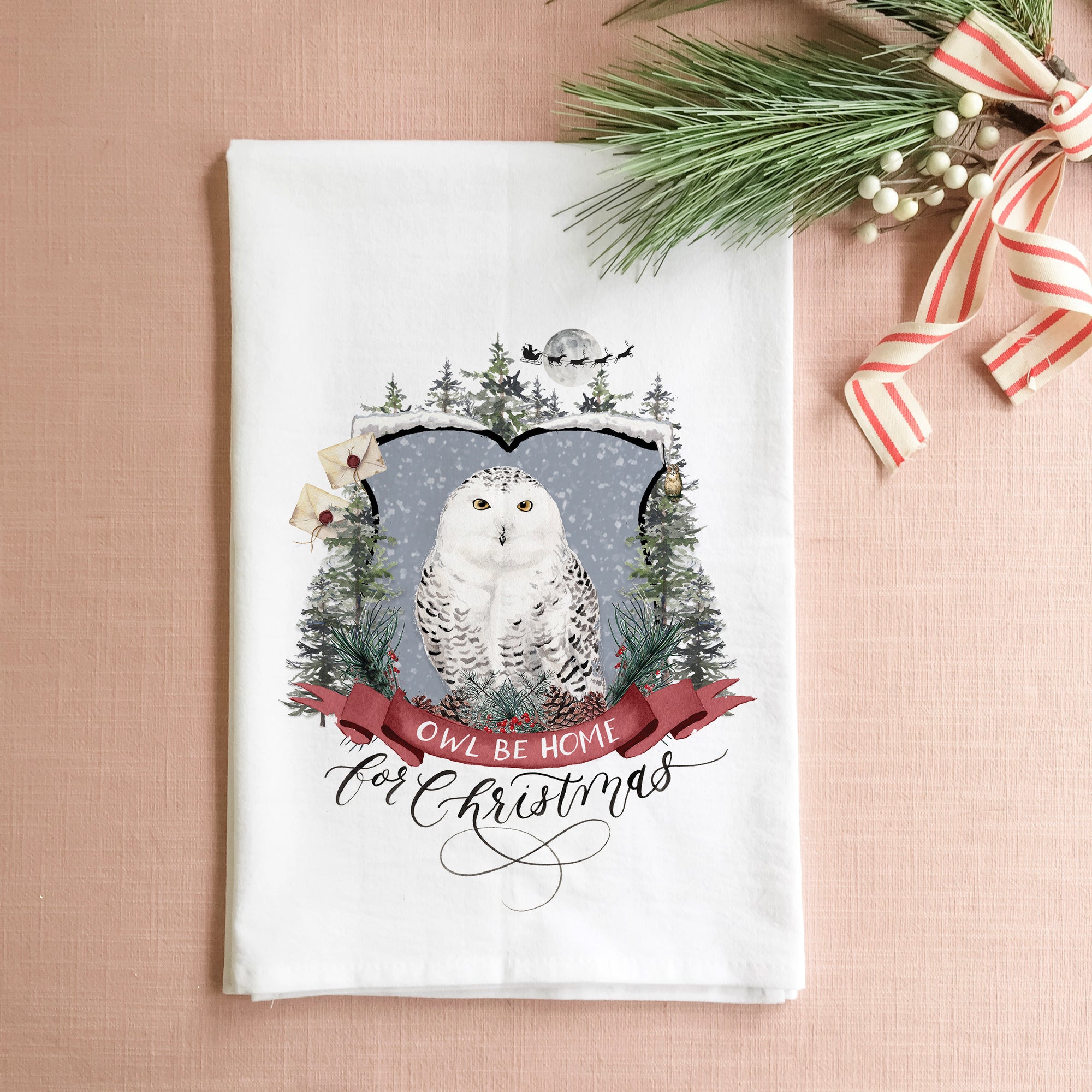 Owl Be Home For Christmas Tea Towel