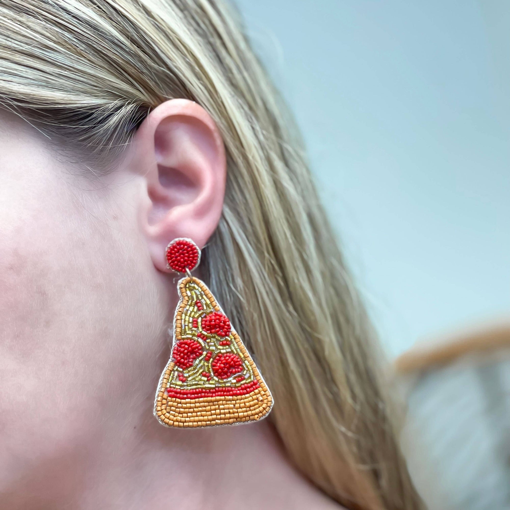 Heart Pepperoni Pizza Beaded Dangle Earrings