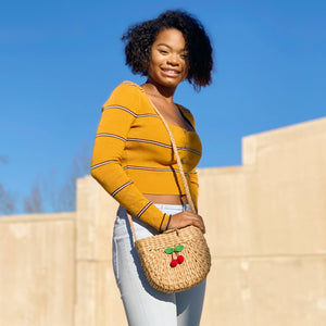 Summer Cherry Poms Straw Crossbody Purse