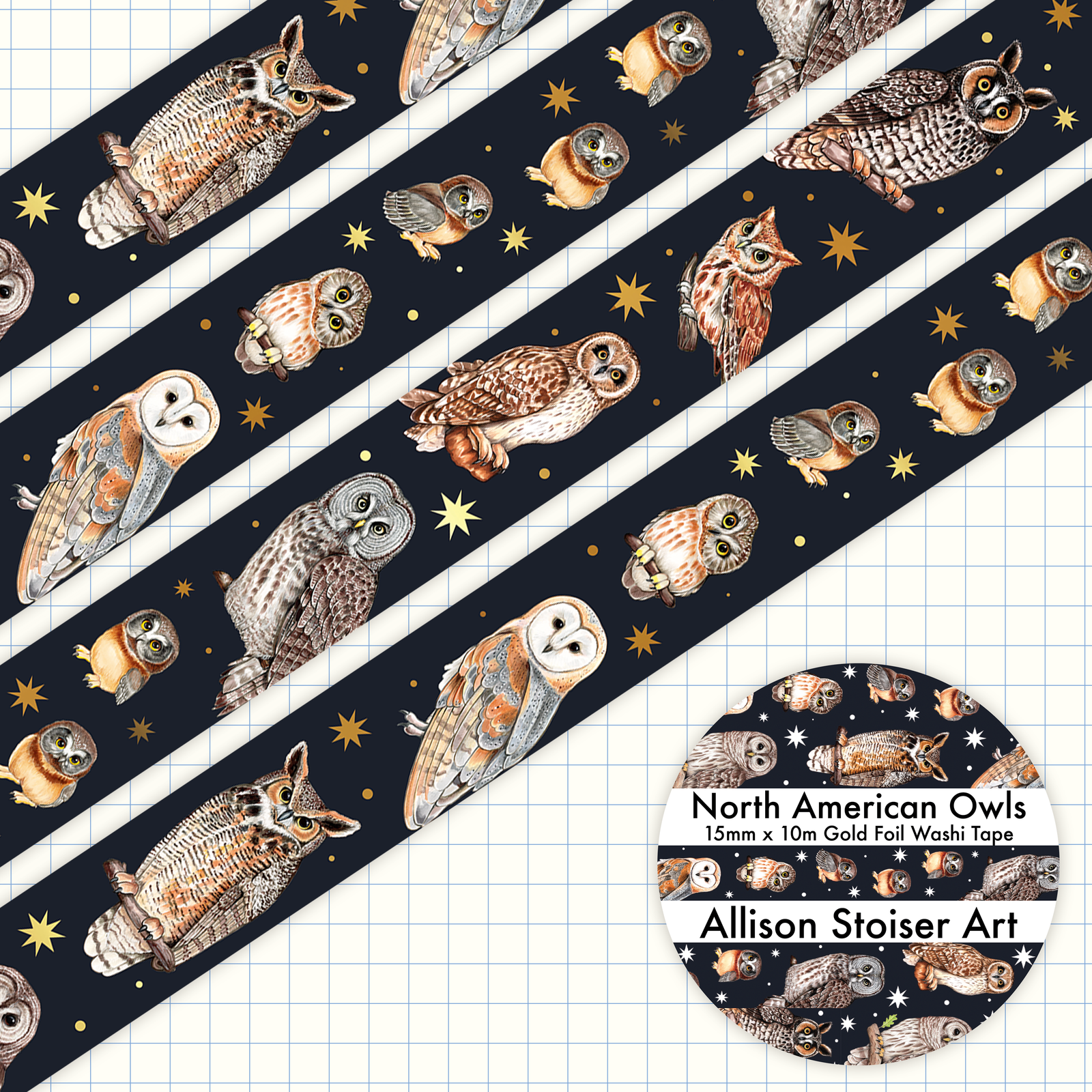 North American Owl Gold Foil Washi Tape