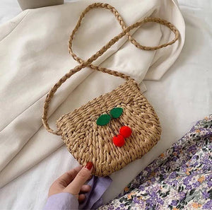 Summer Cherry Poms Straw Crossbody Purse