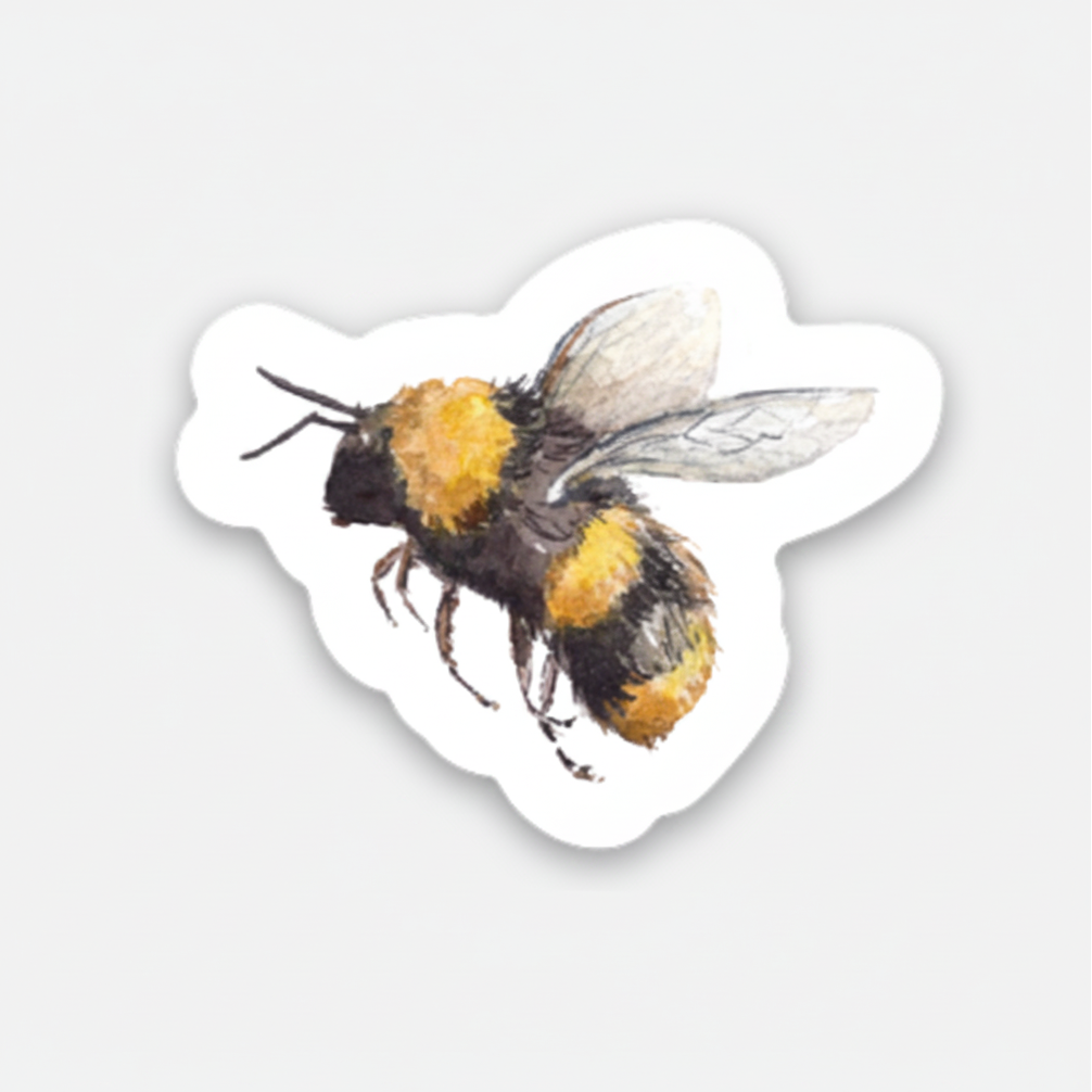 A die-cut sticker featuring a watercolor-style illustration of a bumblebee on a white background.