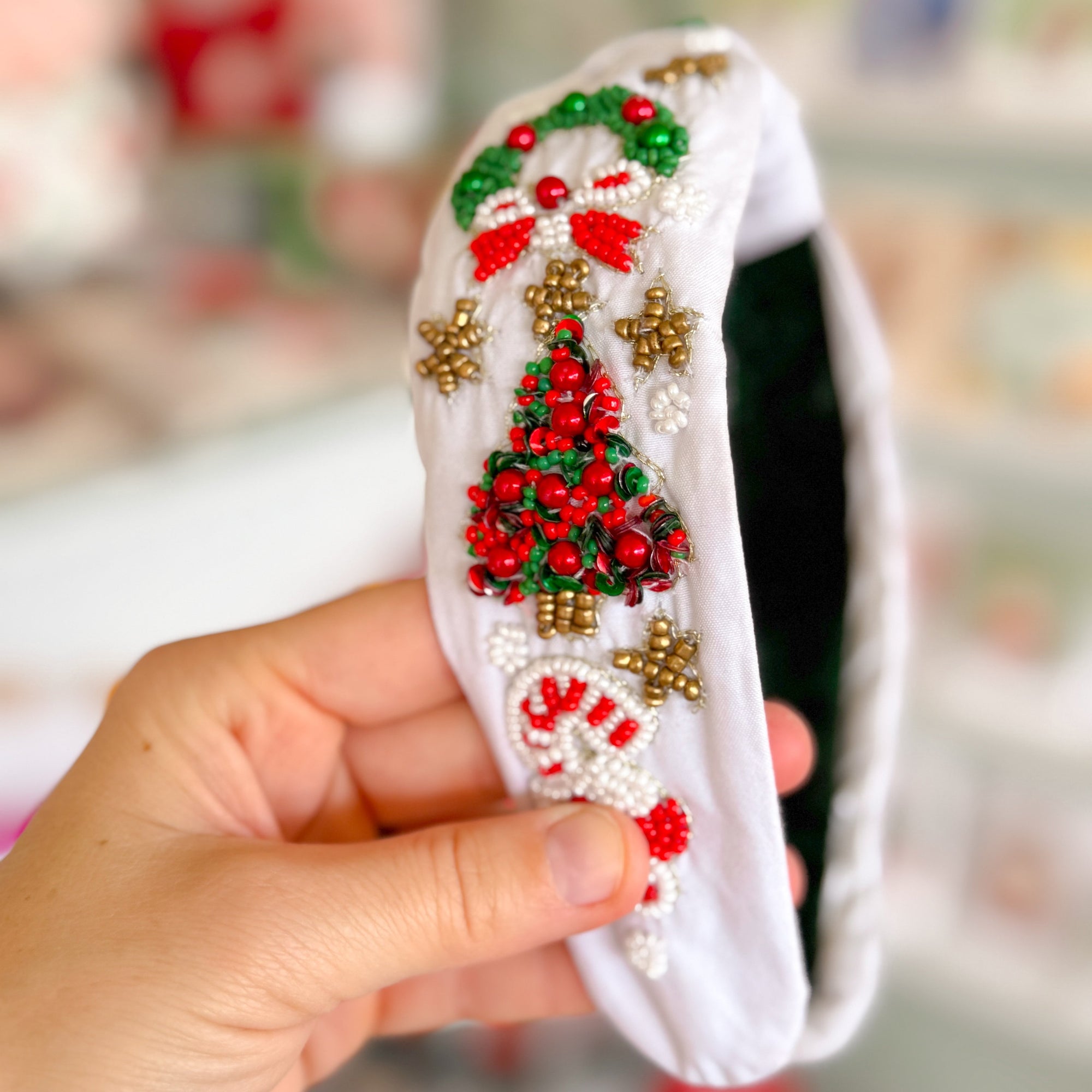 White Christmas Tree Beaded Headband