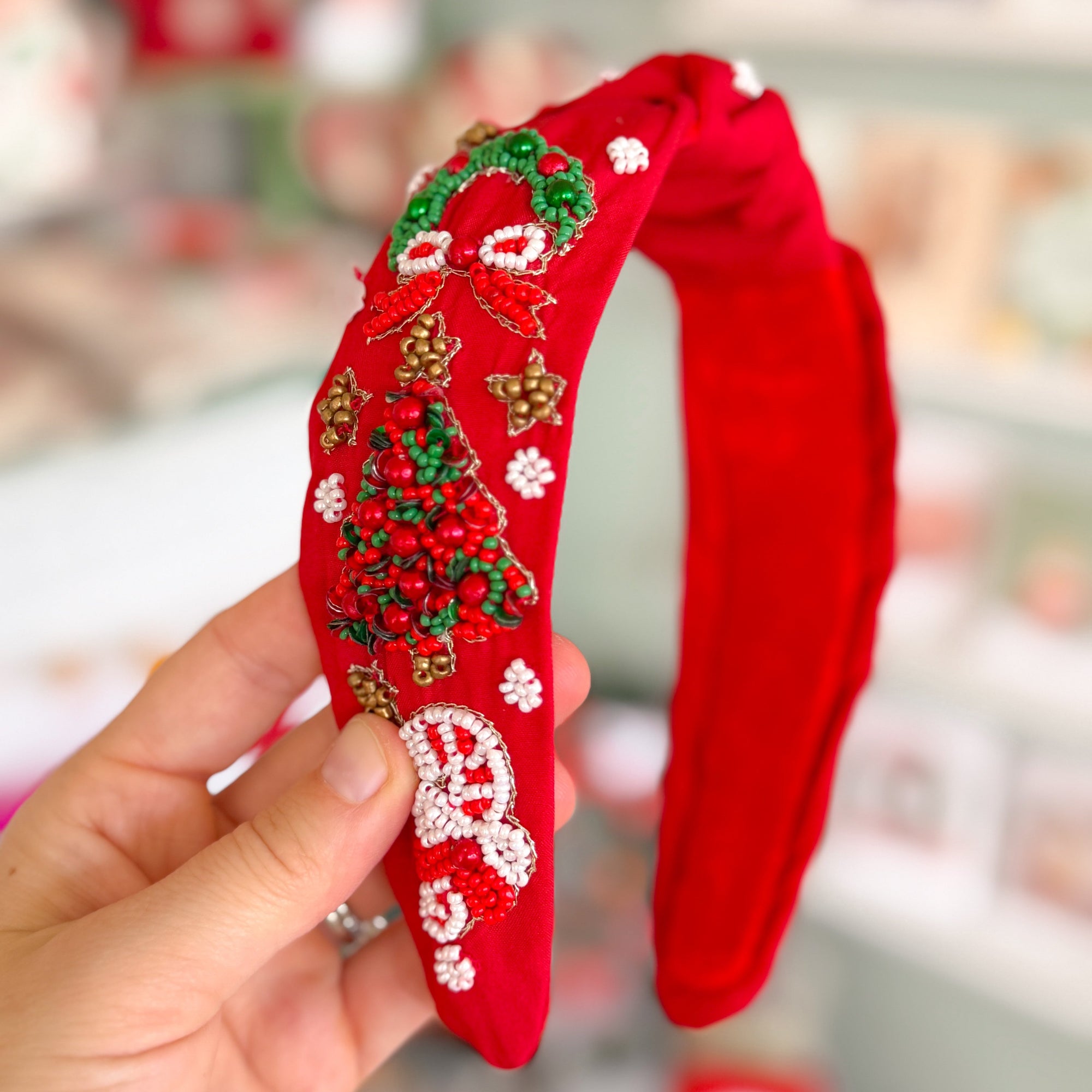 Red Christmas Tree Beaded Headband