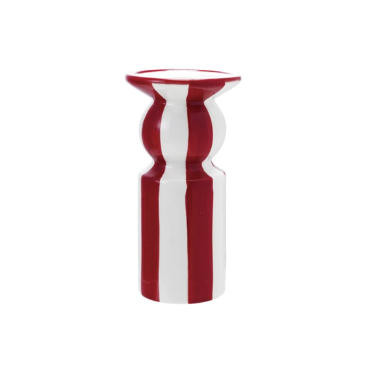 Hand-Painted Red and White Stripe Ceramic Taper Holder (Small)