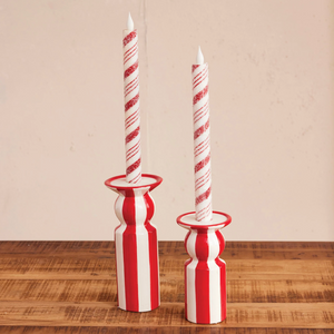 Hand-Painted Red and White Stripe Ceramic Taper Holder (Large)