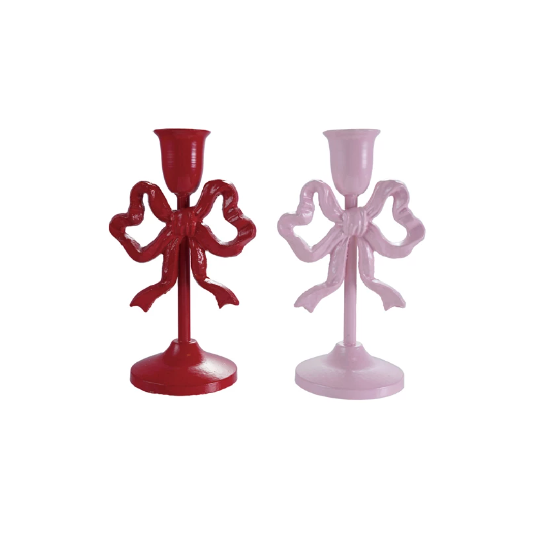 8" Cast Iron Bow Taper Holder (Red or Pink)