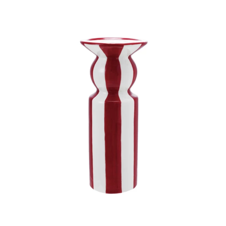 Hand-Painted Red and White Stripe Ceramic Taper Holder (Large)