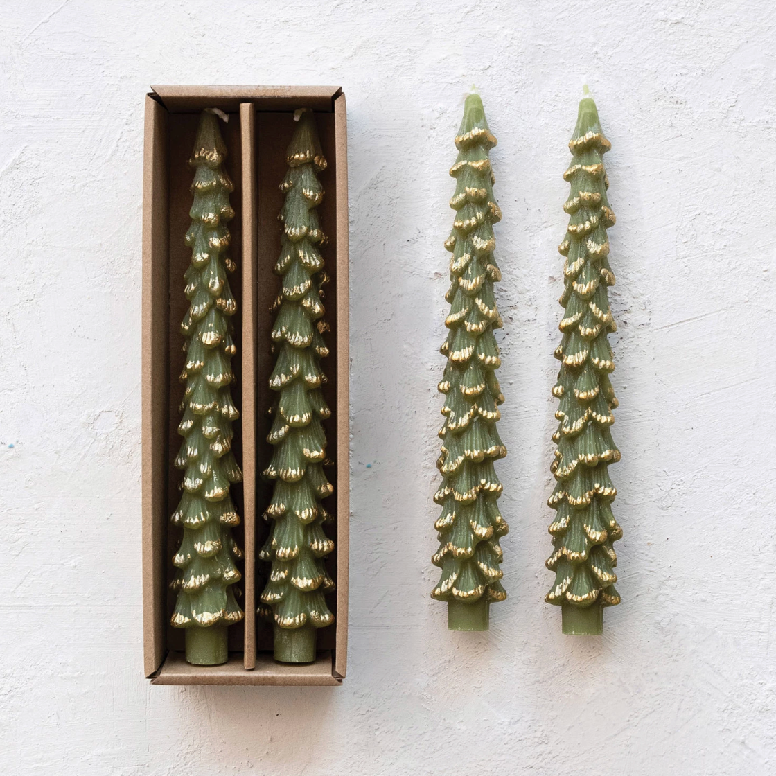 Large Gold-Tipped Evergreen Tree Taper Candles