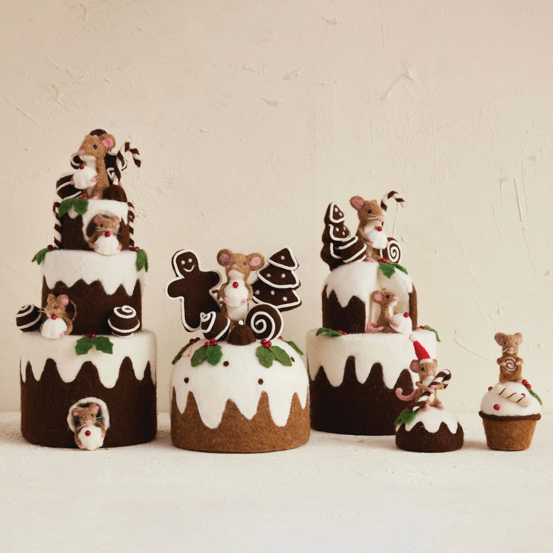 Handmade Wood Felt Cake with Gingerbread Cookies and Mice