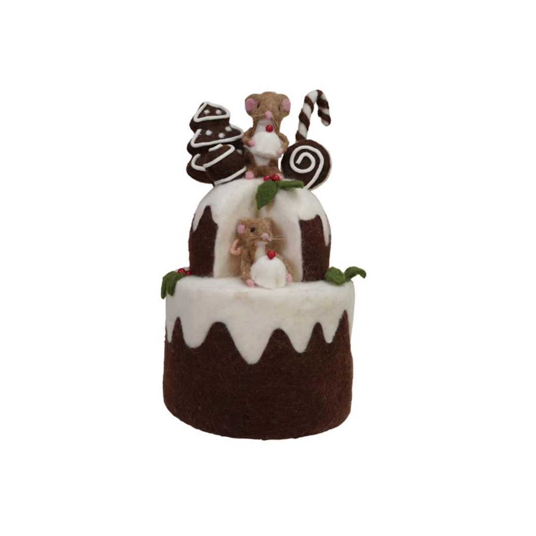 Handmade Wood Felt 2-Tier Cake with Gingerbread Cookies and Mice