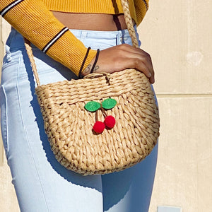 Summer Cherry Poms Straw Crossbody Purse