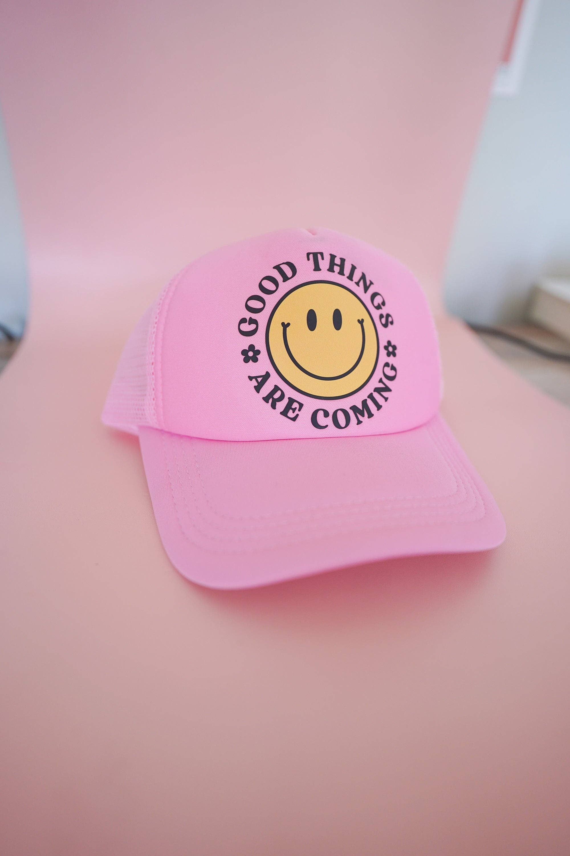 Good Things Are Coming Smiley Pink Trucker Hat