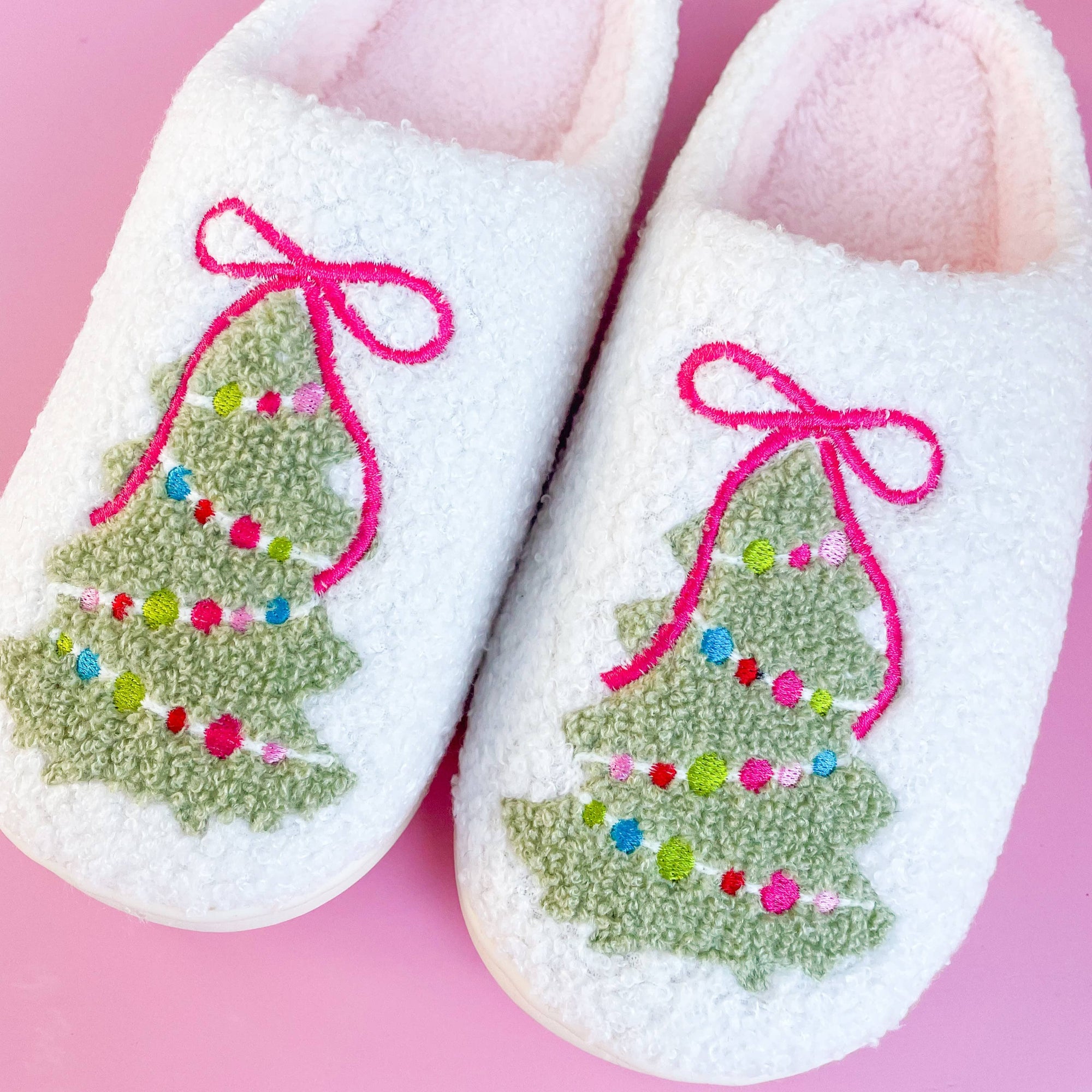 Pink Bow Christmas Tree Slippers