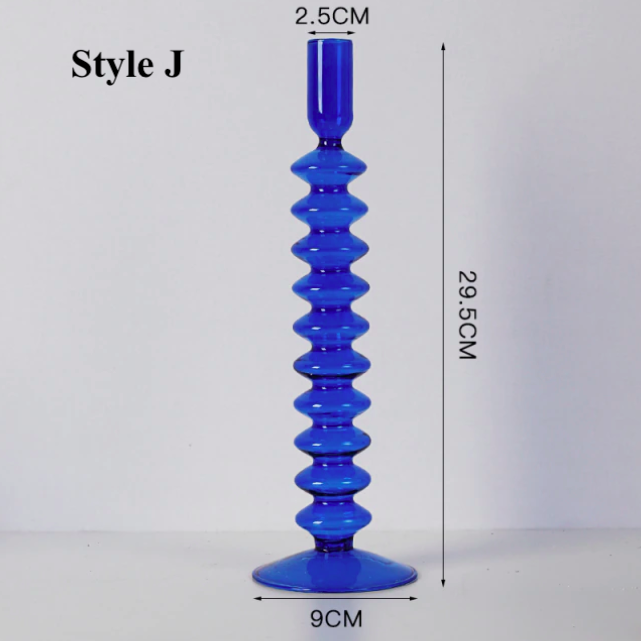 Blue Ribbed Glass Candlestick Holder