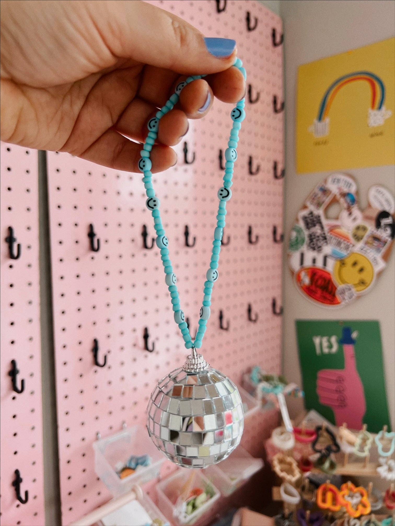 Blue Smiley Disco Ball Car Charm