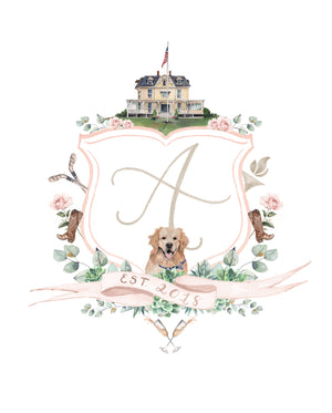 Custom Watercolor Wedding Crest with venue illustration and pet portrait by Cami Monet