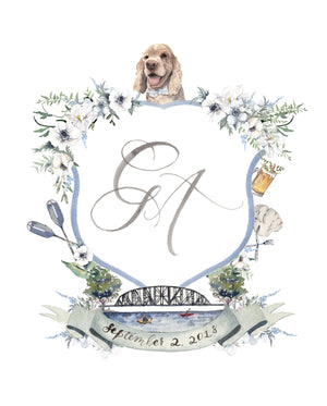 Custom watercolor wedding crest with venue illustration, pet portrait, french blue florals and greenery by Cami Monet