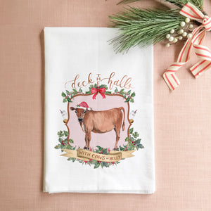 Deck the Halls with Cows of Holly Tea Towel