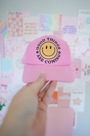 Good Things Are Coming Smiley Pink Trucker Hat