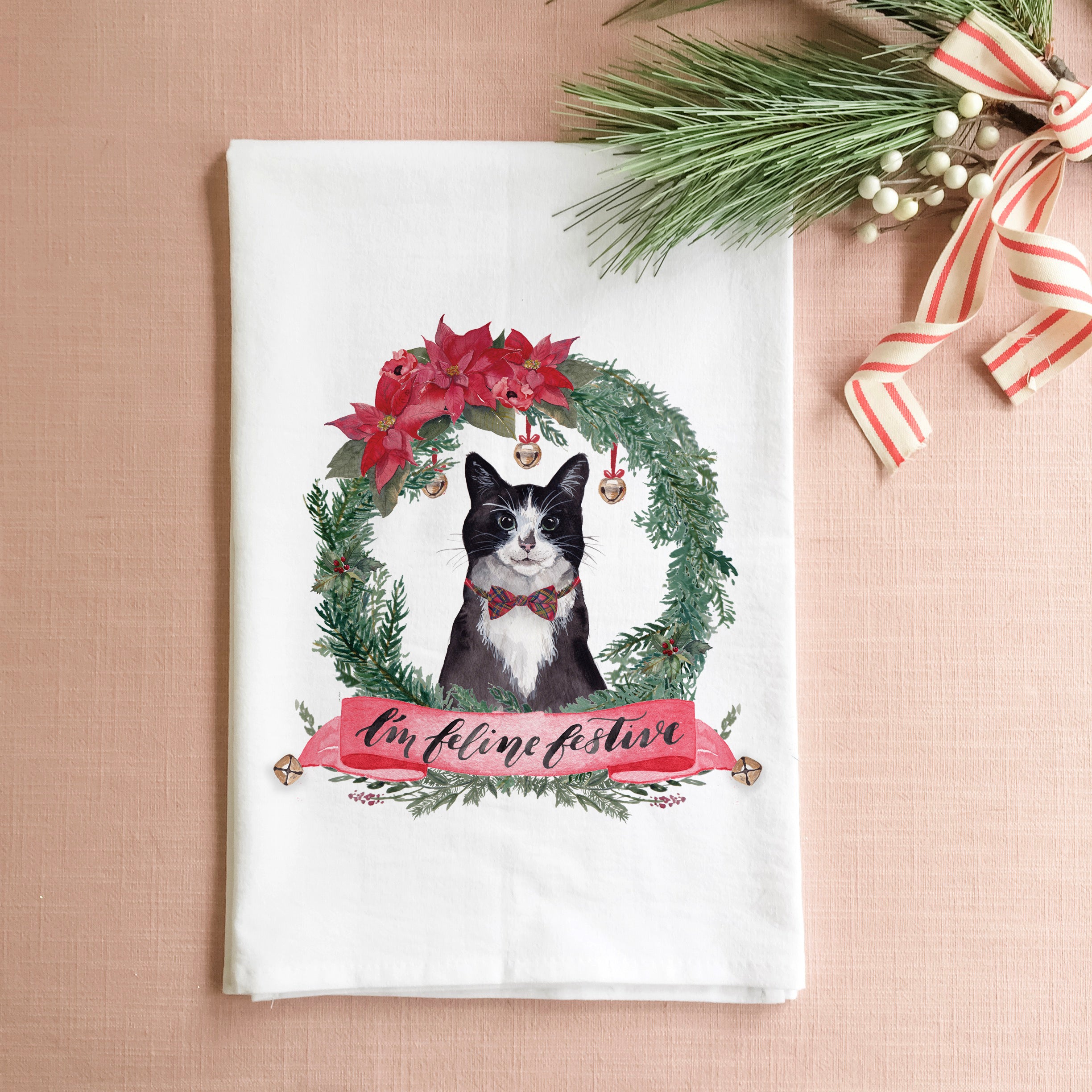 Fussy Figaro Cat Christmas Towel, Santa Cat, Tuxedo Cat Holiday Decoration,  Cat Christmas - Hand Printed Flour Sack Tea Towel, Dish Towel