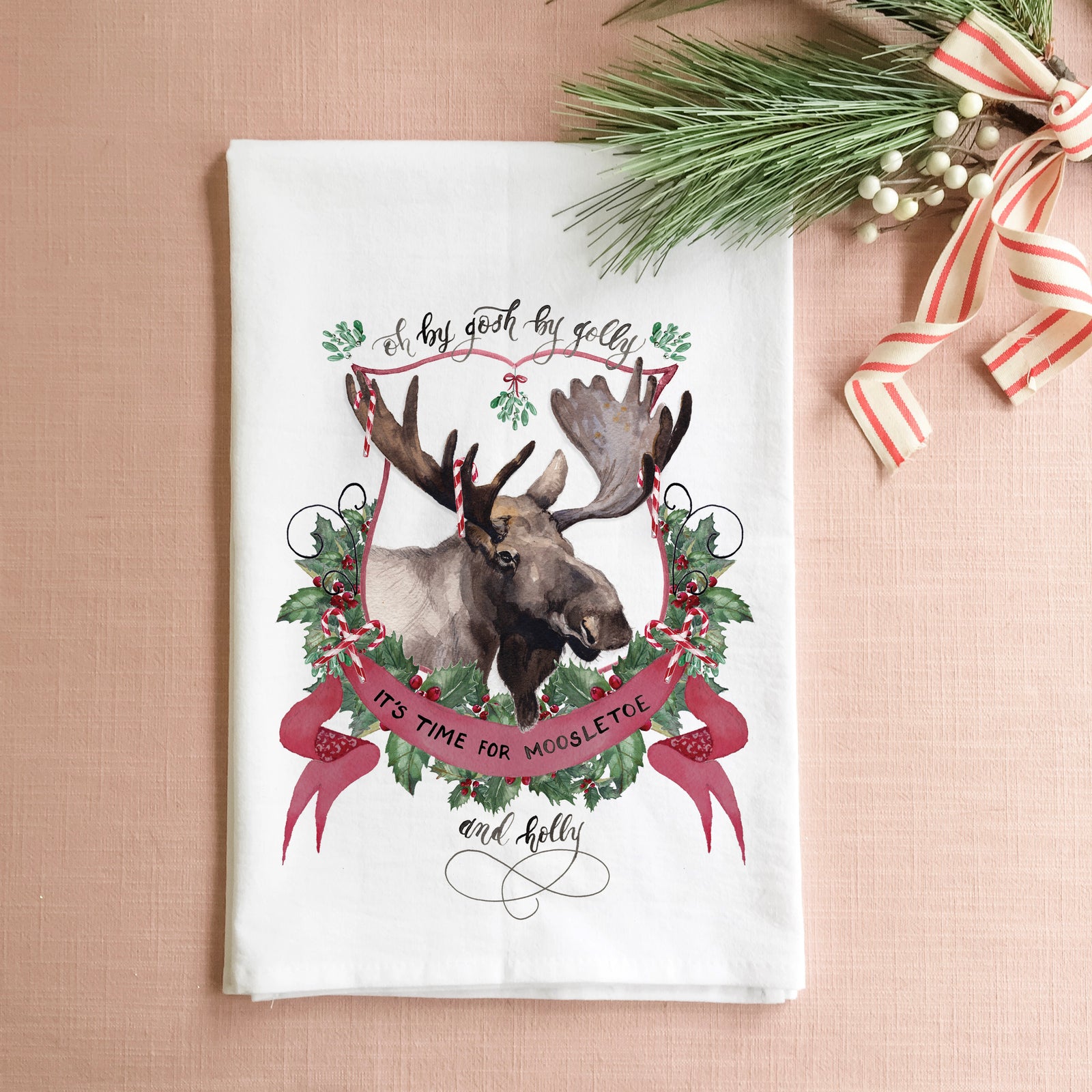 Moosletoe and Holly Tea Towel