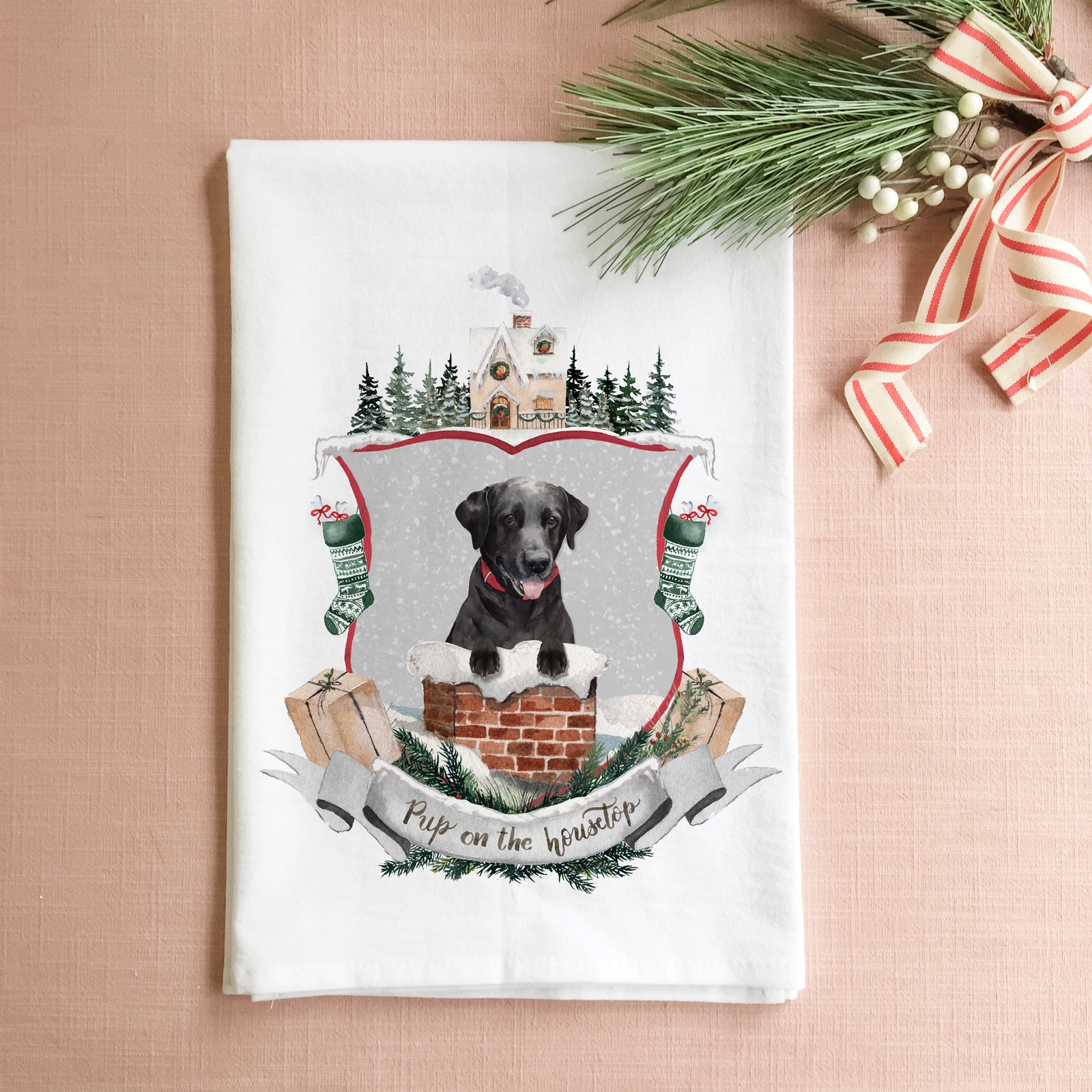 Pup on the Housetop Tea Towel