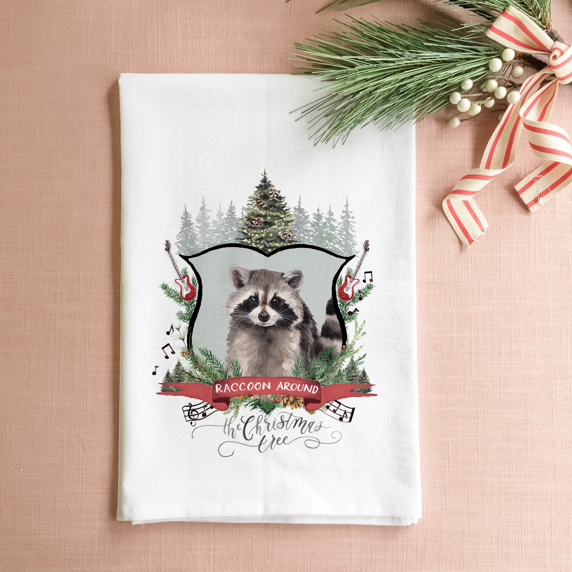 Raccoon Around the Christmas Tree Tea Towel