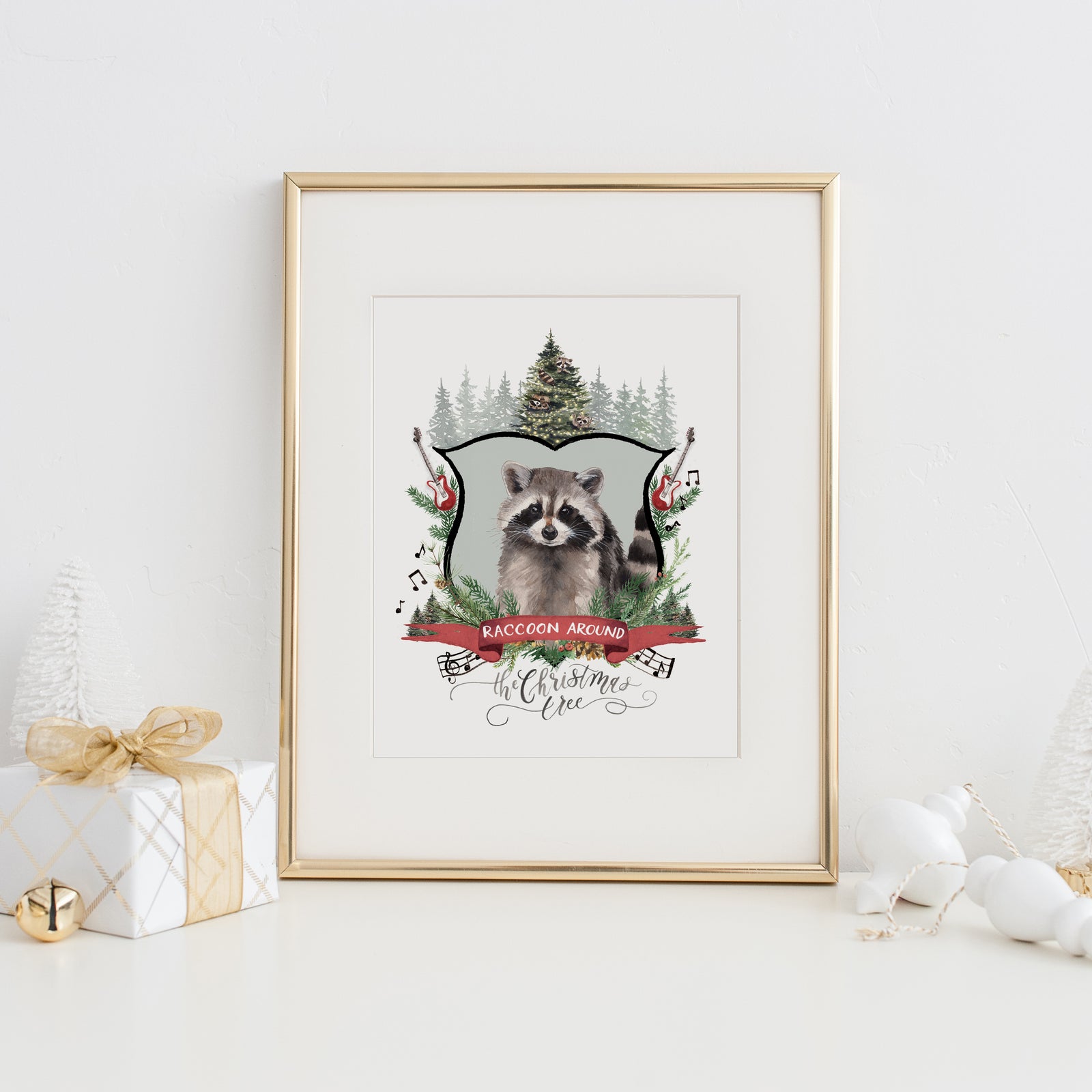 Raccoon Around the Christmas Tree Art Print
