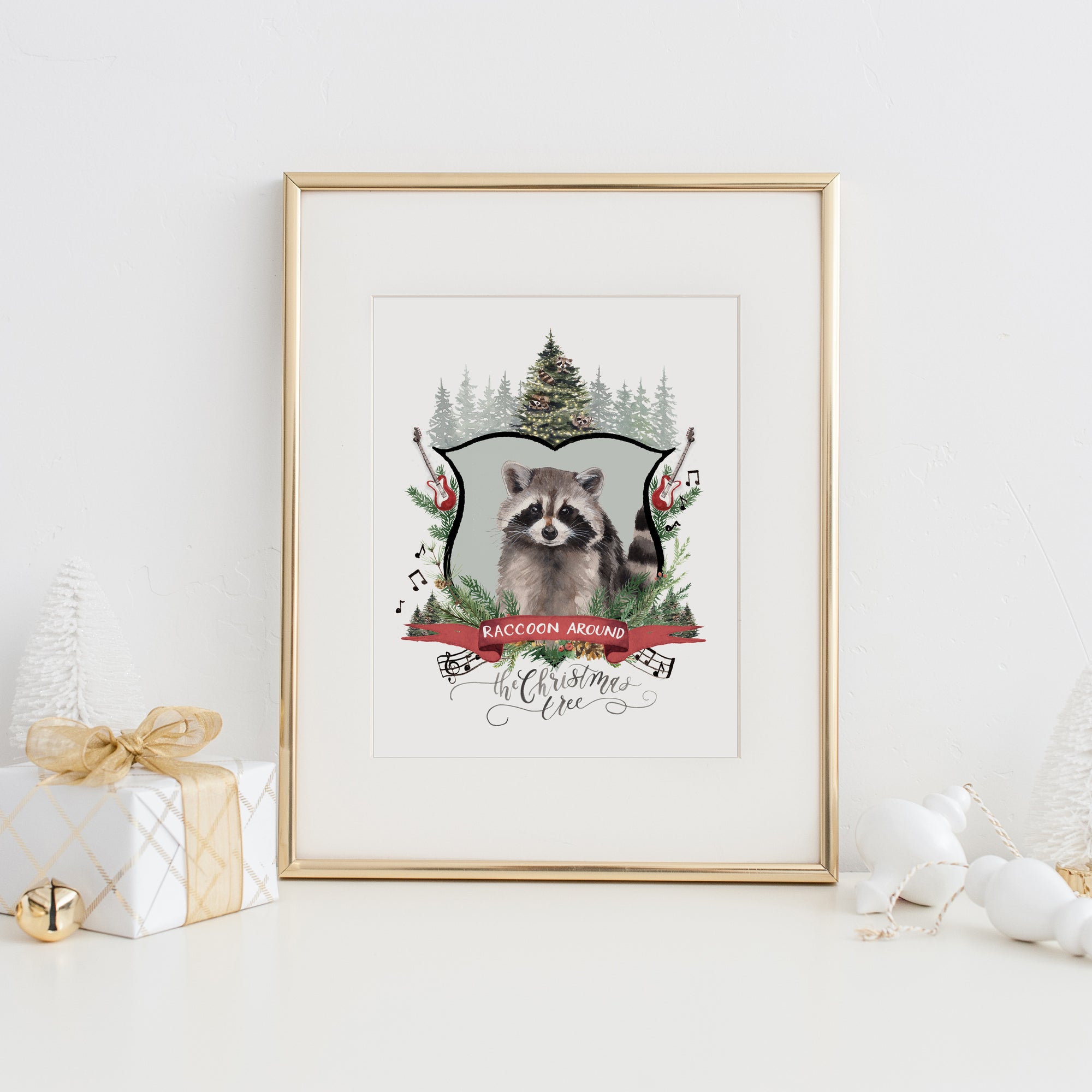 Raccoon Around the Christmas Tree Art Print