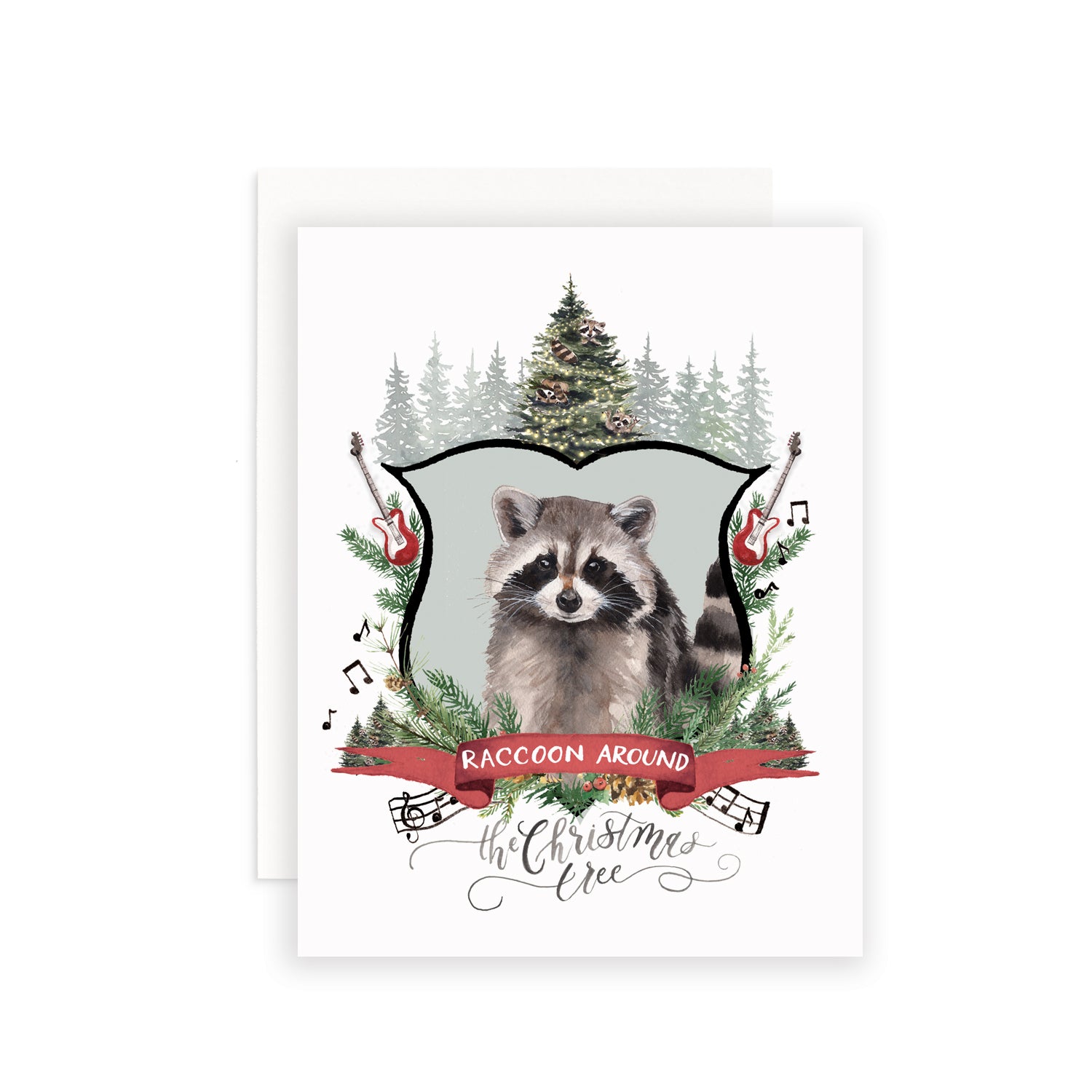 Raccoon Around the Christmas Tree Greeting Card